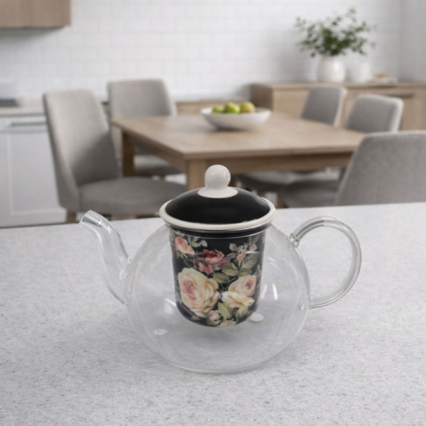 Sklenený čajník s porcelánovým čiernym filtrom, ruže