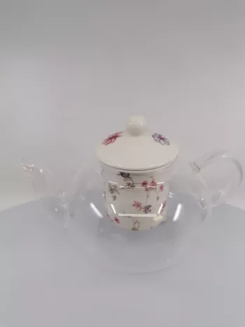 Sklenený čajník s porcelánovým filtrom  Kvetinky