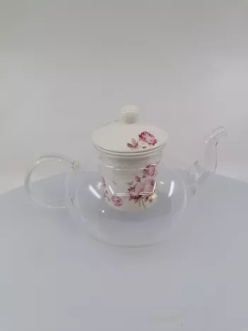 Sklenený čajník s porcelánovým filtrom  Ruže