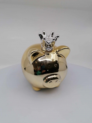 Pokladnička prasiatko, porcelánová, zlatá, s korunkou ošuchané