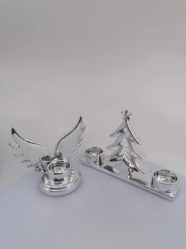 Strieborný keramický svietnik so stromčekom na 2 čajové sviečky