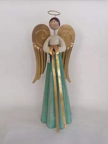 Kovový zelený anjel so zlatými krídlami 70cm
