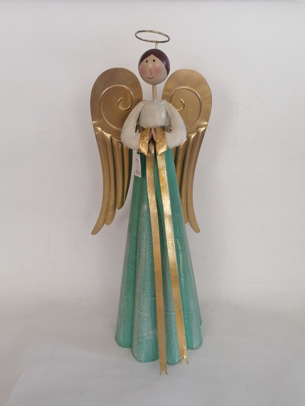 Kovový zelený anjel so zlatými krídlami 70cm