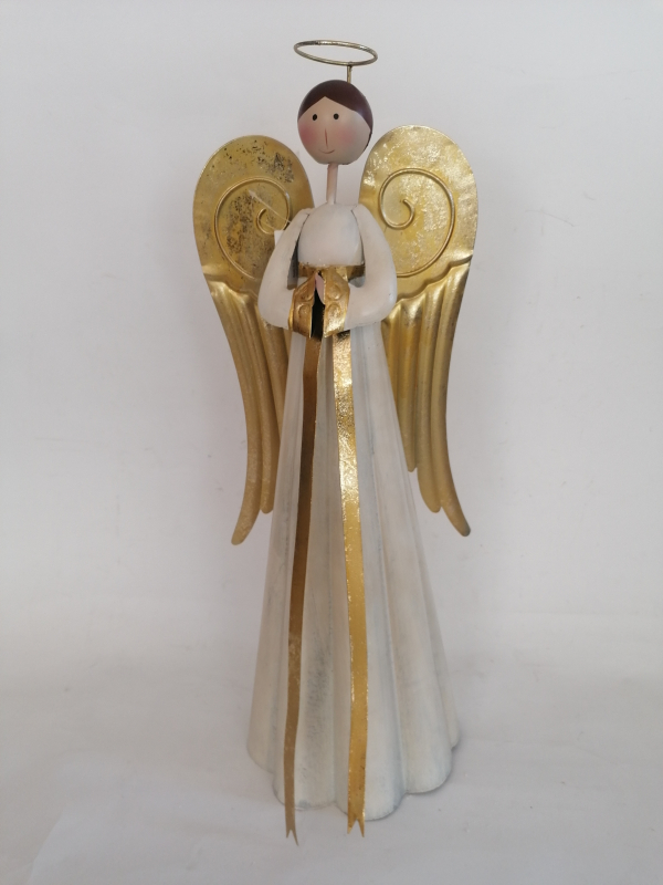 Kovový biely anjel so zlatými krídlami 70cm