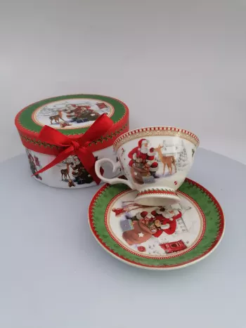 Vianočná šálka s tanierikom, Santa Claus so srnou, 250ml