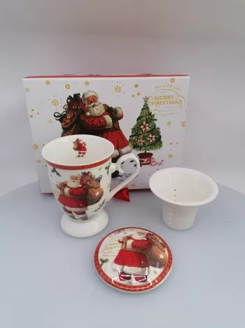 Vianočný porcelánový hrnček s filtrom, Santa Claus, biely