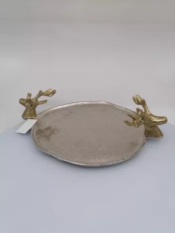 Metalová tácka v strieborno-zlatej kombinácií s jeleňmi, 34,5x26x9cm