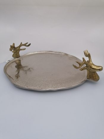 Metalová tácka v strieborno-zlatej kombinácií s jeleňmi, 40,5x30,5x9cm