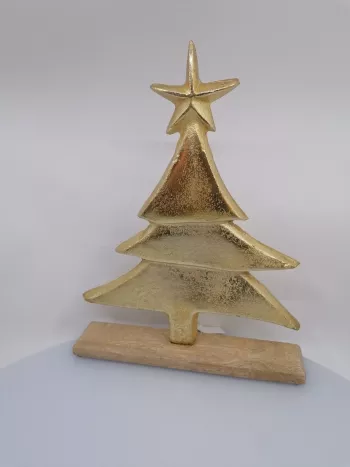 Zlatý vianočný stromček na drevenej podložke, 25x5x32cm