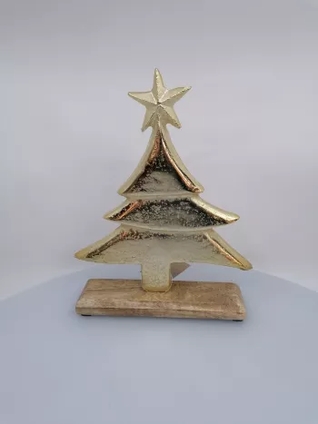 Zlatý vianočný stromček na drevenej podložke, 20x5x25cm
