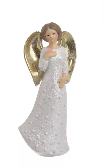 Biely trblietkavý anjel so zlatými krídlami 16,5cm
