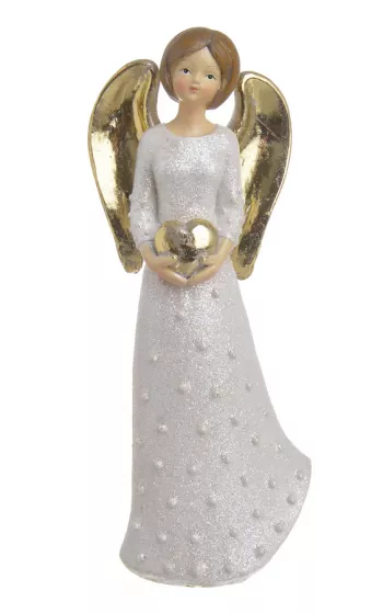 Biely trblietkavý anjel so srdcom a zlatými krídlami 21cm