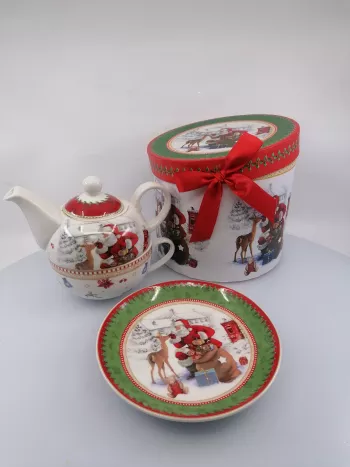 Porcelánový čajový duo set pre jedného, so Santa Clausom a srnou