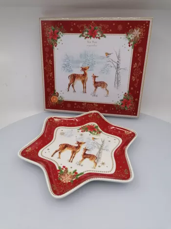 Vianočný porcelánový tanier v tvare hviezdy,  so srnkami 