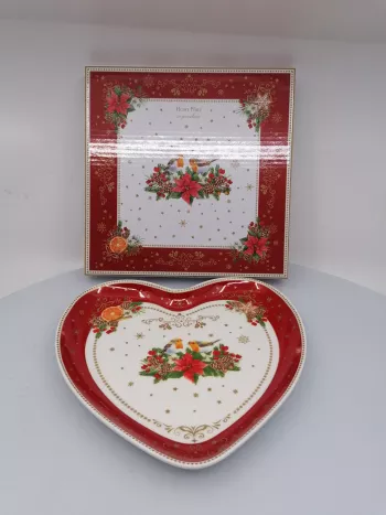 Vianočný porcelánový tanier v tvare srdca,  s vtáčikmi