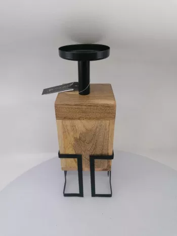 Moderný svietnik, kov-drevo10x10x28cm