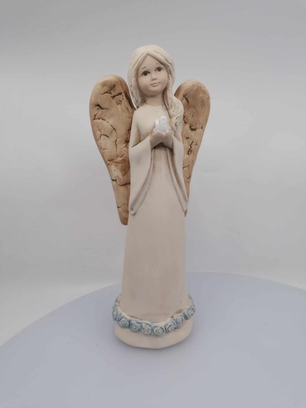 Sadrový anjel ecru s holubicou, zelené ružičky  11x27x7cm