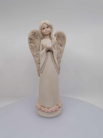 Sadrový anjel ecru s holubicou,  ružové ružičky  11x27x7cm