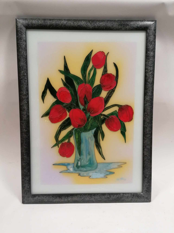 Červené tulipány na skle 56x76cm