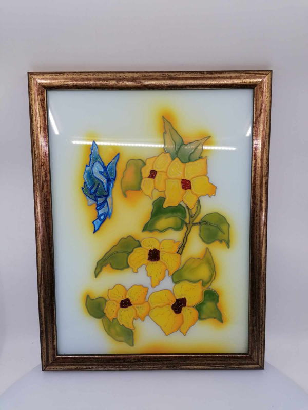 Žlté kvety na skle, 44x34cm