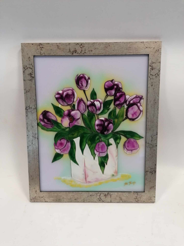 Fialové tulipány na skle, 47x57cm