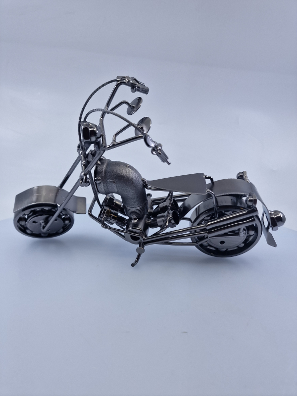 Replika motocykel, strieborná-tmavá, kovová, 28x7x16 cm