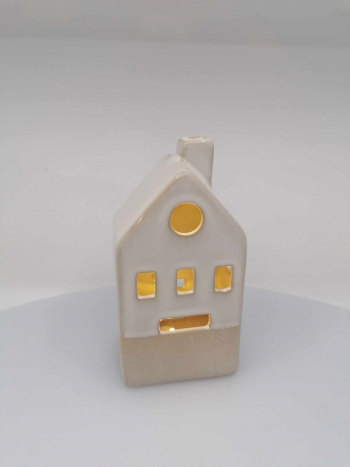 Keramický domček, bielo-ecru, LED,   18x12x6cm