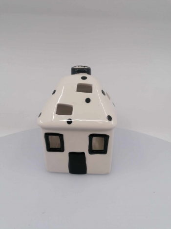Bielo-čierny keramický domček svietnik 10x10x15 cm