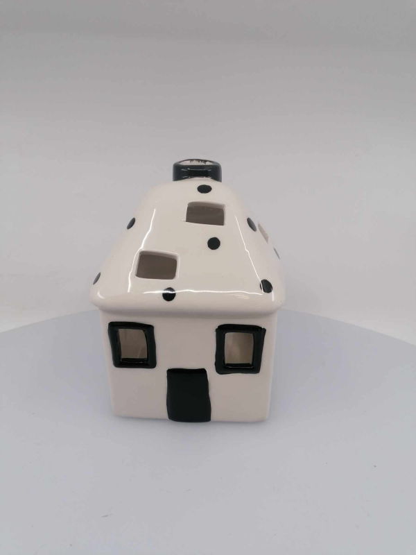 Bielo-čierny keramický domček  -svietnik 10x10x15 cm