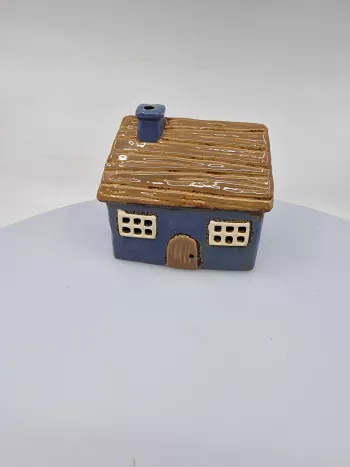 Keramický domček na čajovú sviečku - modro-hnedý