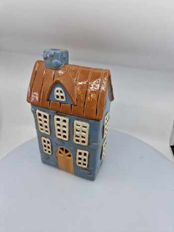 Keramický domček na čajovú sviečku - modrohnedý