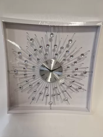 Nástenné hodiny strieborné so striebornými kryštálikmi 48 cm