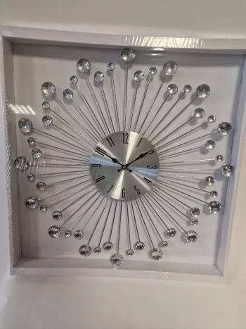 Nástenné hodiny strieborné so striebornými kryštálikmi 49 cm