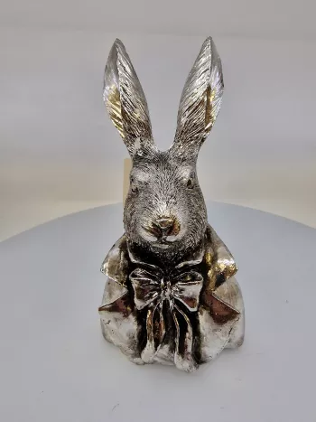 Dekoračný zajac, strieborný, 21x11 cm