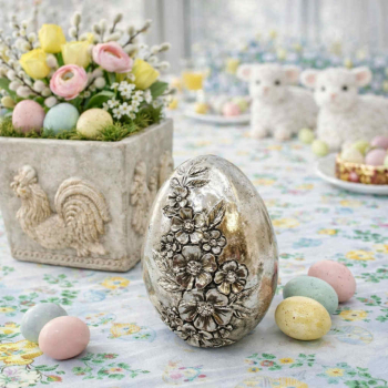 Veľkonočné vajíčko, strieborné, dekorované, 10x7 cm