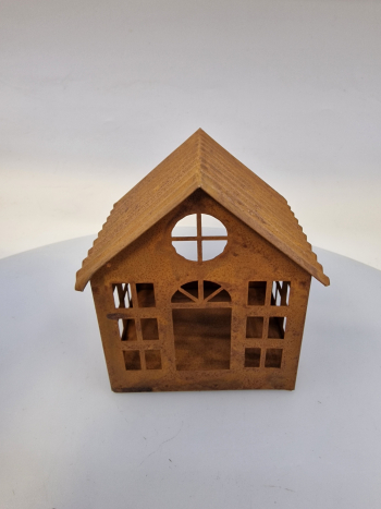 Dekoračný domček na sviečku, kovový, hrdzavý, 13x10,5 cm
