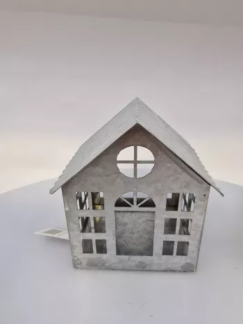 Dekoračný domček na sviečku, kovový, sivý, 13x10,5 cm