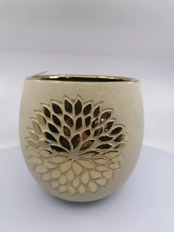 Dekoračný keramický obal na kvety, ECRU - zlatý 18x19cm