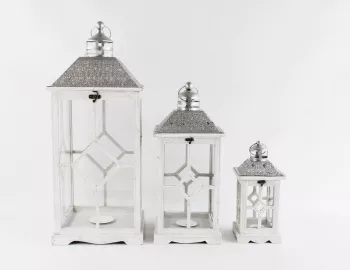3-sada  podlahových drevených lampášov - biele - sivé