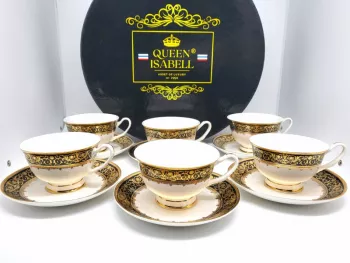Elegantná porcelánová kávová súprava pre 6tich, čierno-zlatá