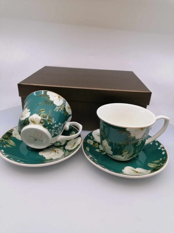 Zelené porcelánové šálky s kvetinkami,  2 set