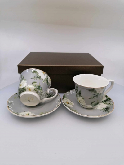 Sivé porcelánové šálky s kvetinkami,  2 set