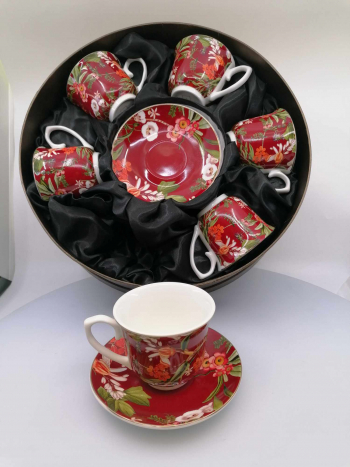 Červené porcelánové šálky s kvetinkami,  6 set