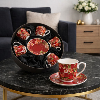 Červené porcelánové šálky s kvetinkami,  6 set