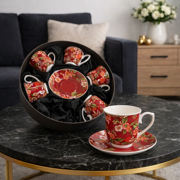 Červené porcelánové šálky s kvetinkami,  6 set
