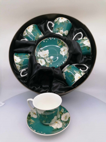  Zelené porcelánové šálky s kvetinkami,  6 set