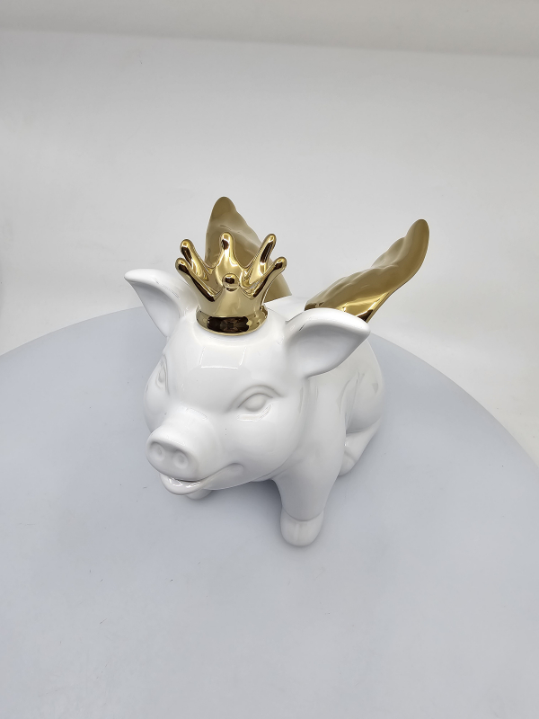 Pokladnička prasiatko, biela so zlatou korunkou, 19x20x13 cm