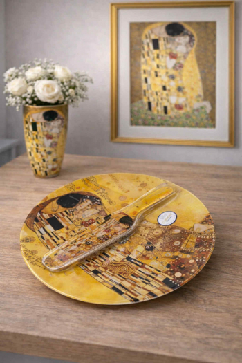 Sklenená dezertová tácka, dekoratívna, G. Klimt, s lyžičkou, 30 cm
