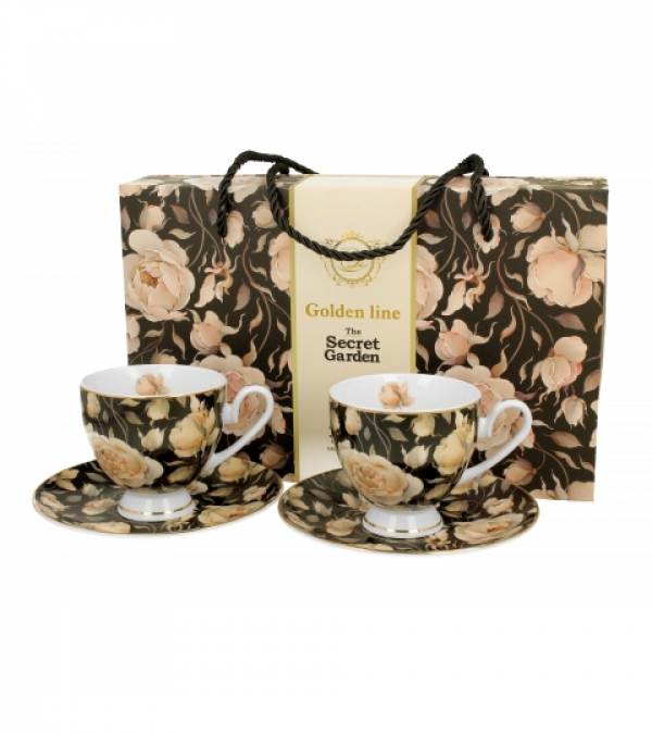 Šálka s podšálkou ENGLISH ROSES BLACK, kvetinové, 2 ks v sade