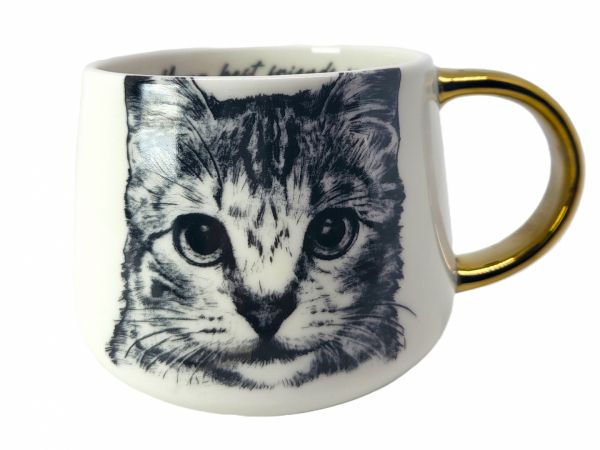 Hrnček, mačka, svetlý - čierny, so zlatou rúčkou, 400 ml